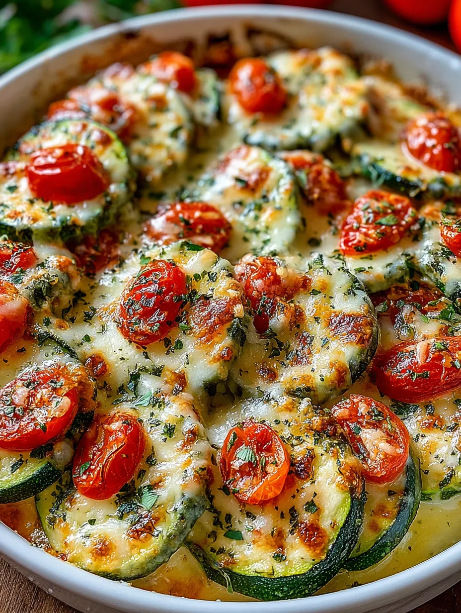 A cheesy zucchini bake with tomatoes and herbs.
