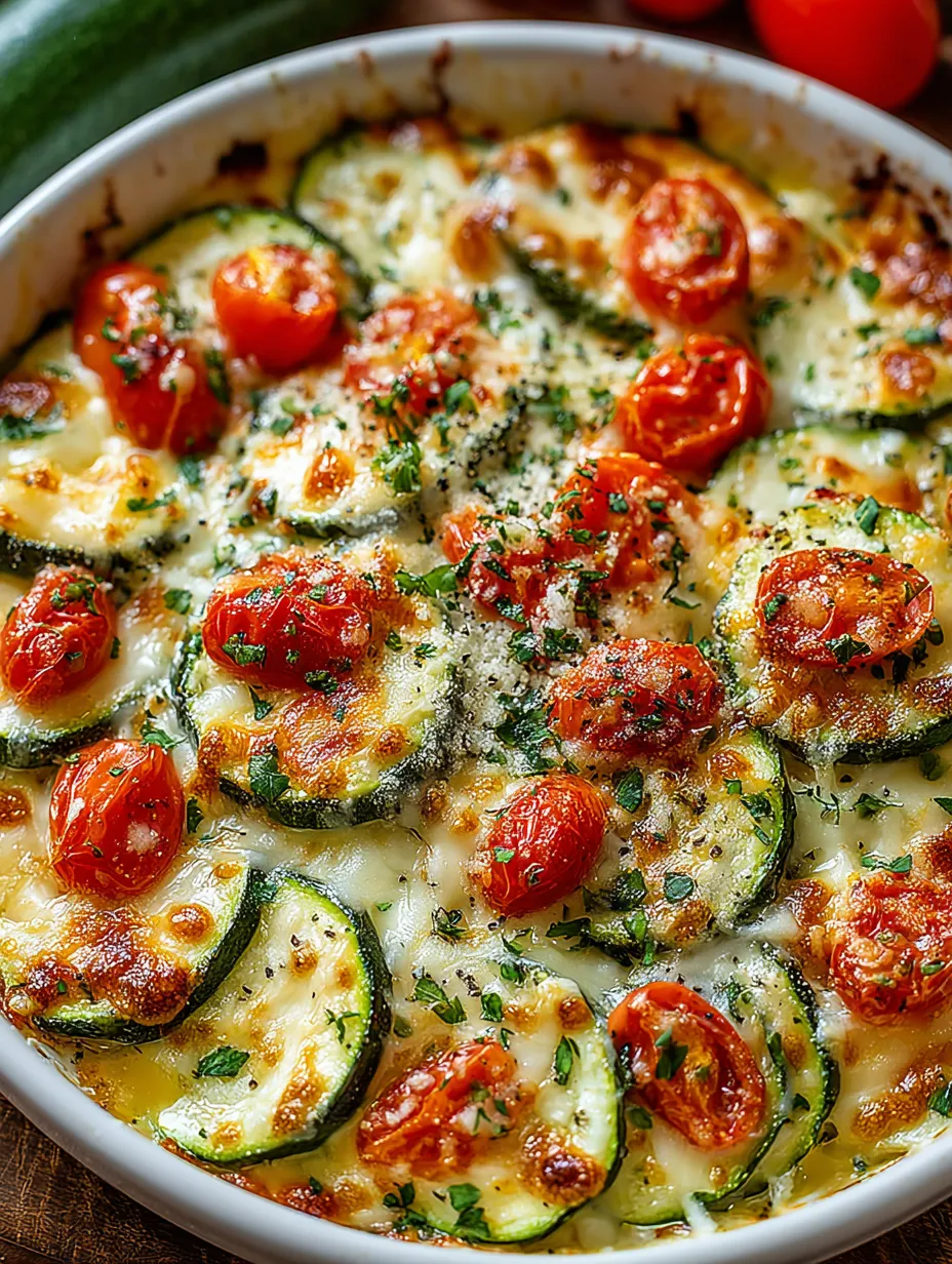 A cheesy zucchini bake with tomatoes and herbs.