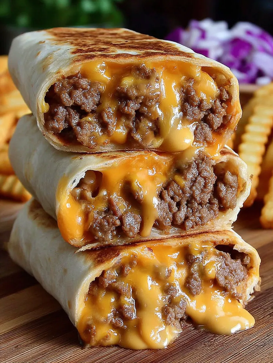 A cheeseburger burrito is stacked on top of another cheeseburger burrito.