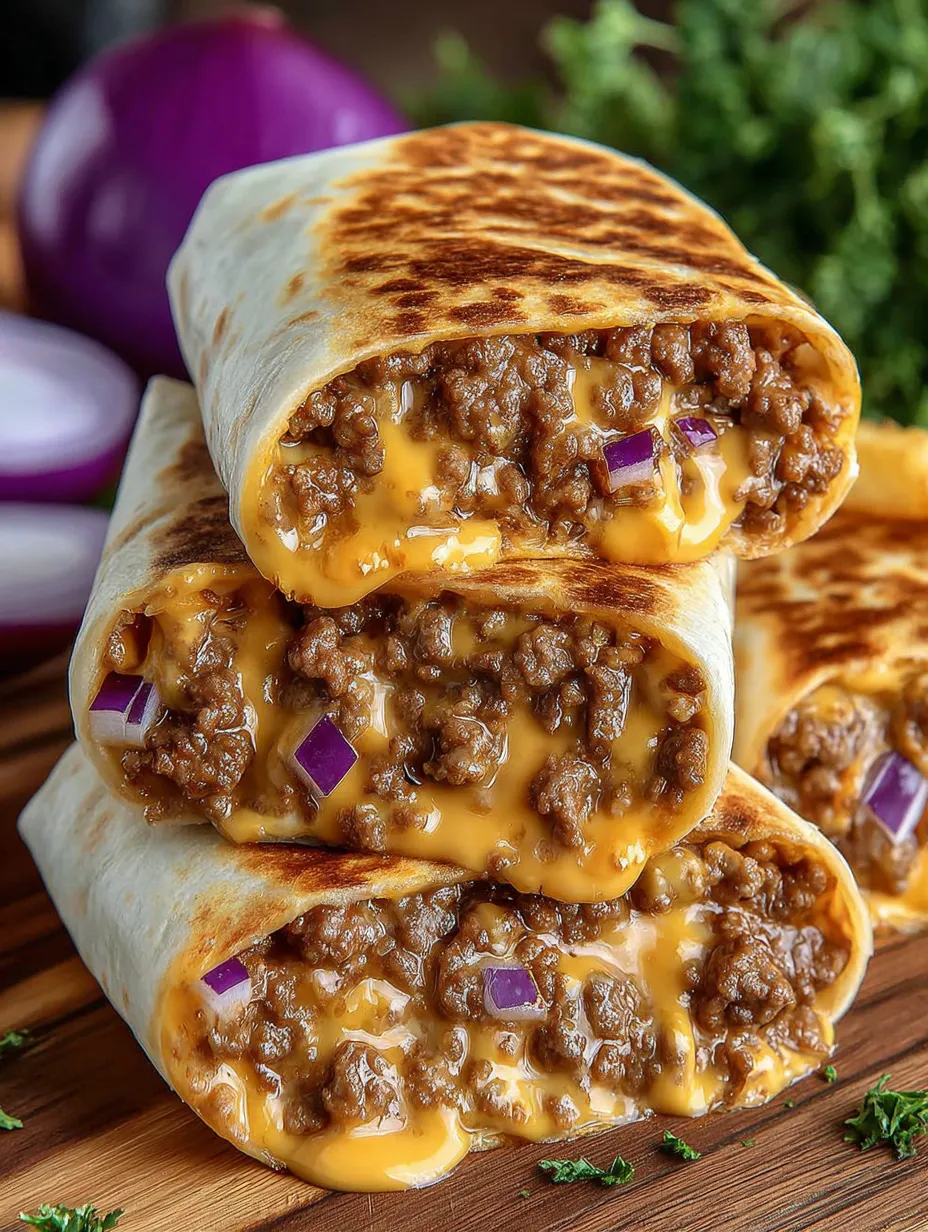 A stack of cheeseburger burritos.