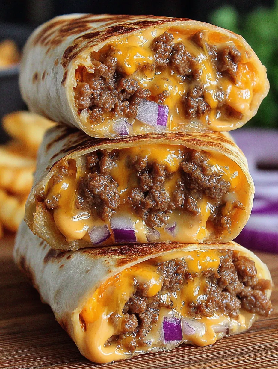 A cheeseburger burrito with onions and cheese.