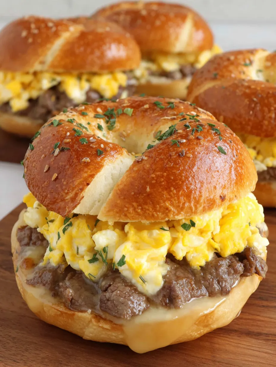 A close up of a steak egg cheese sandwich.