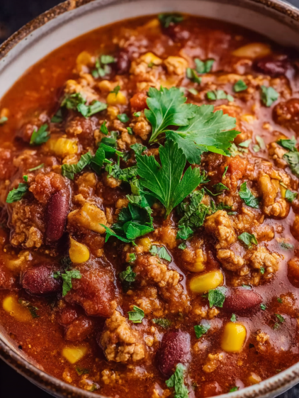 A bowl of taco soup with a green herb on top.