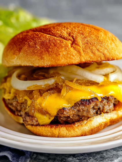 A close up of a hamburger with onions and cheese.