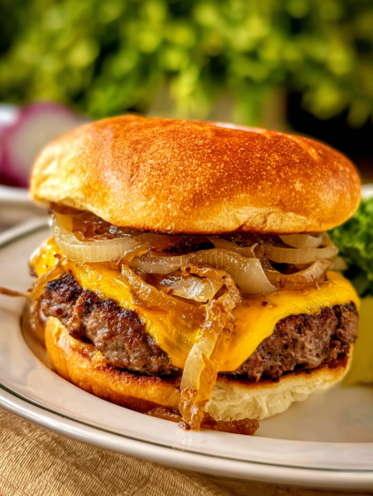 A close up of a burger with onions and cheese.