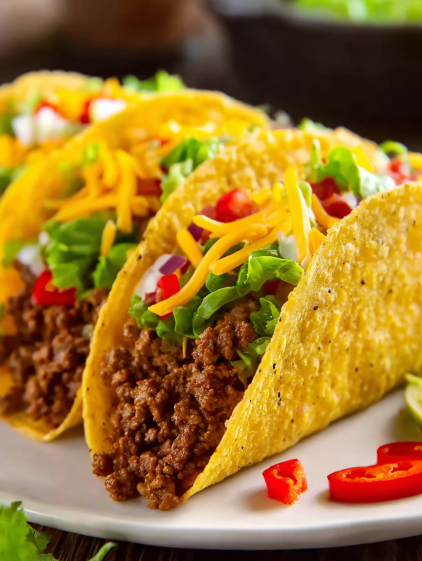 Two tacos with lettuce and cheese.