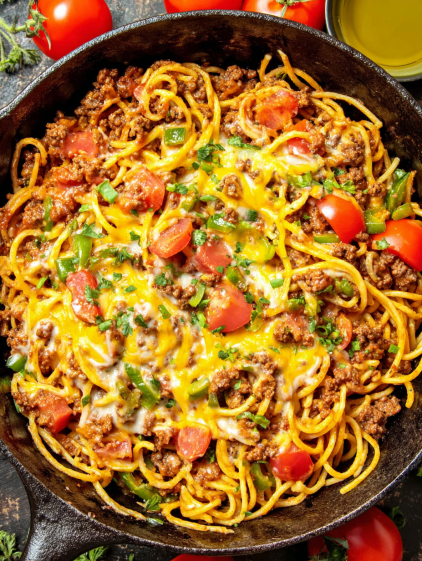 A bowl of spaghetti with meat and tomatoes.