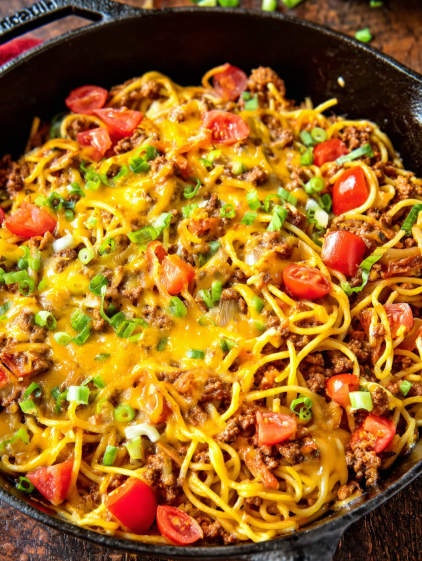 A bowl of food with tomatoes and noodles.