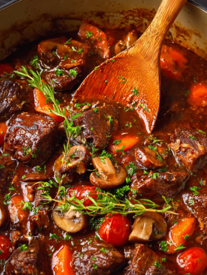 French style braised short ribs with mushrooms and carrots.