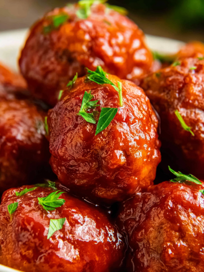 A plate of meatballs with green herbs on top.