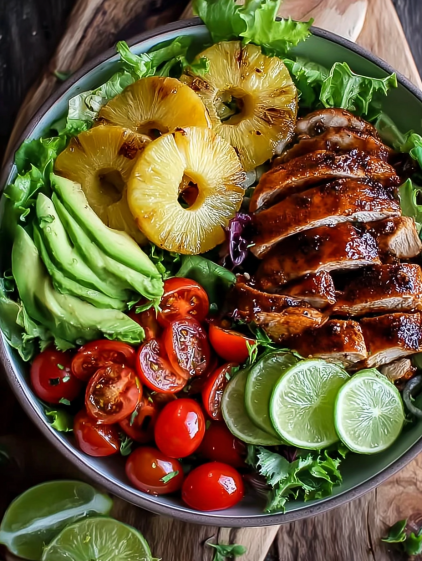 A bowl of food with a pineapple, tomato, and lime.