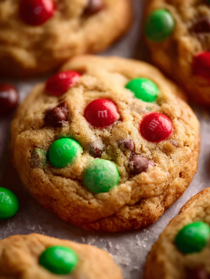 A close up of a chocolate chip cookie with green and red M&M's.