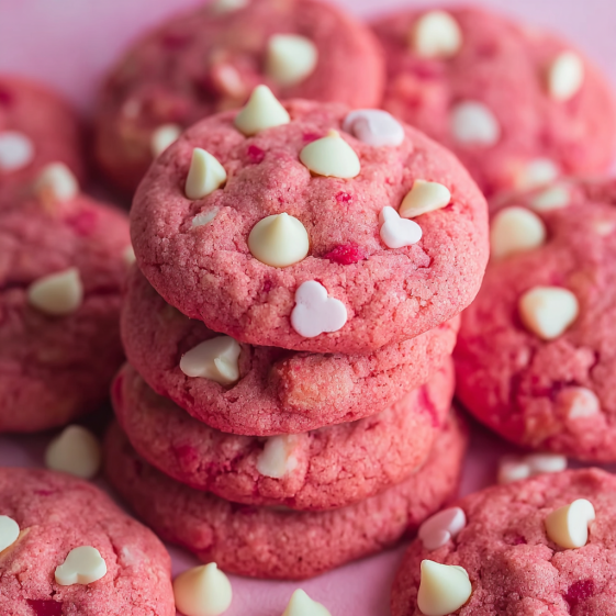 A stack of red cookies with white chocolate chips.