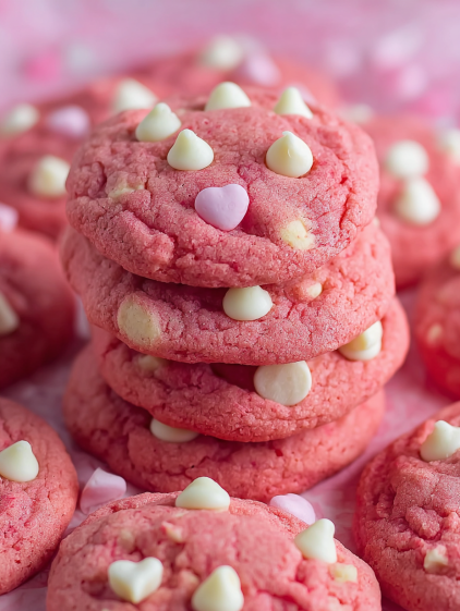 A stack of red cake cookies with white icing.