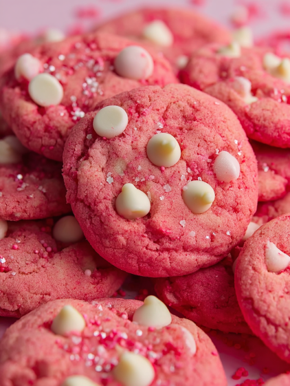 A pink cookie with white chocolate chips.