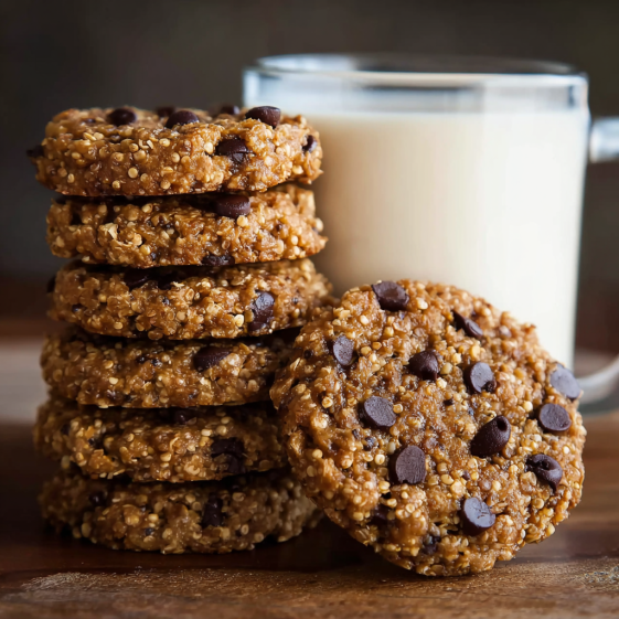 A stack of chocolate chip cookies next to a glass of milk.