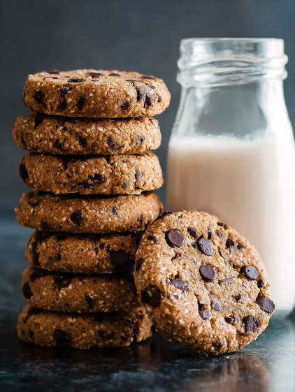 A stack of cookies next to a glass of milk.