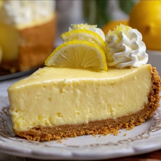 A slice of cheesecake with lemon wedges on top.