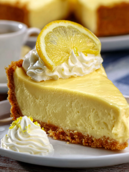 A slice of cheesecake with a lemon wedge on top.