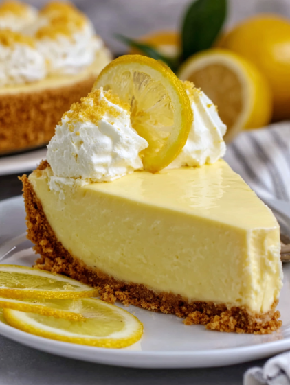 A slice of cheesecake with a lemon wedge on top.