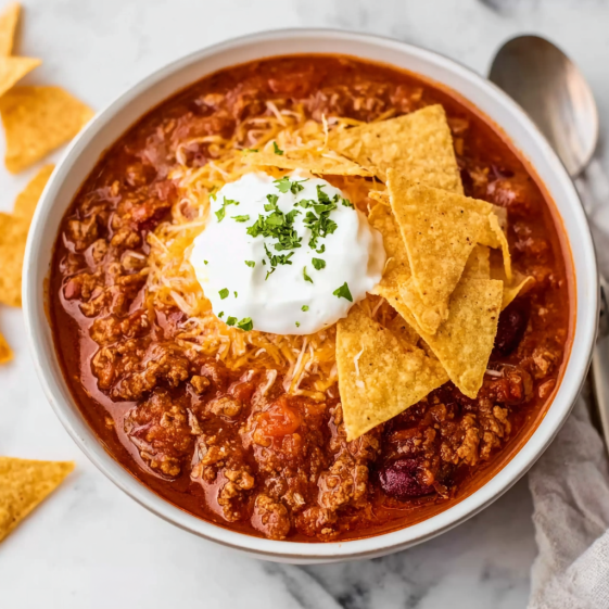 A bowl of chili with a dollop of sour cream on top.