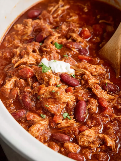 A close up of a crock pot filled with chili.