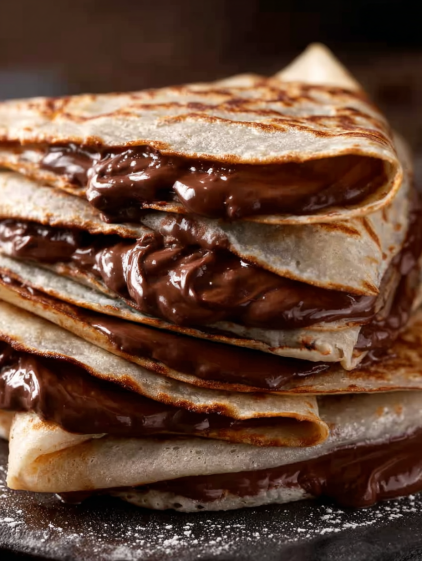 A stack of chocolate covered crepes.