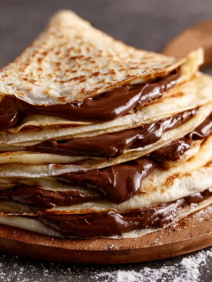 A stack of pancakes with chocolate syrup on top.