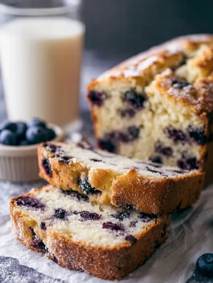 A slice of cake with blueberries on top.