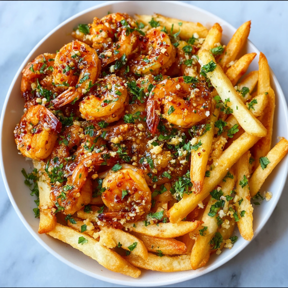 A plate of shrimp and fries with a spicy honey garlic sauce.