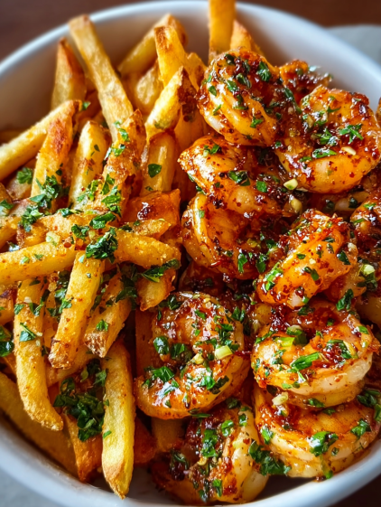 A bowl of shrimp and fries.