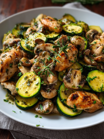 A plate of food with chicken, mushrooms and zucchini.