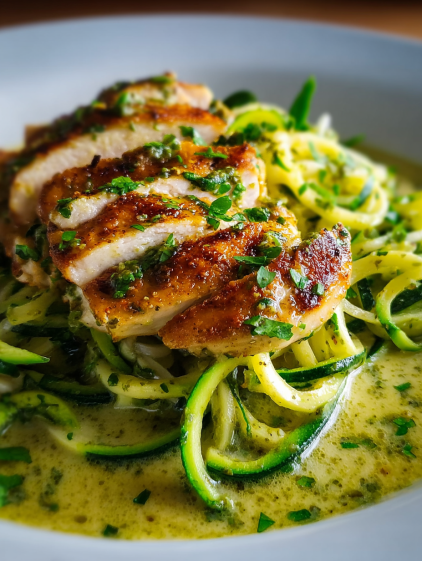 A delicious dish of chicken breast in creamy pesto sauce with zucchini noodles.