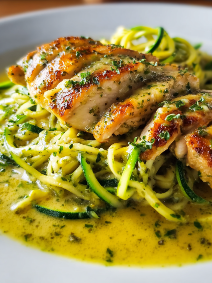 A delicious dish of chicken breast in creamy pesto sauce with zucchini noodles.
