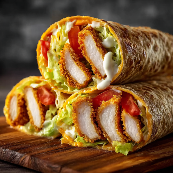 A delicious chicken wrap with cheese and garlic.