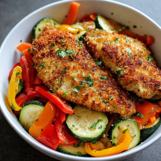 A bowl of chicken and vegetables.