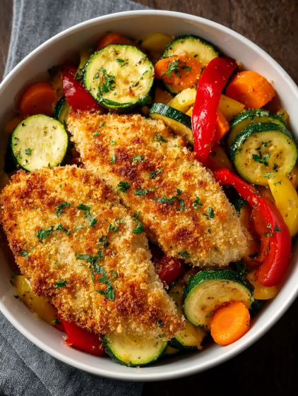 A dish of breaded chicken with vegetables.