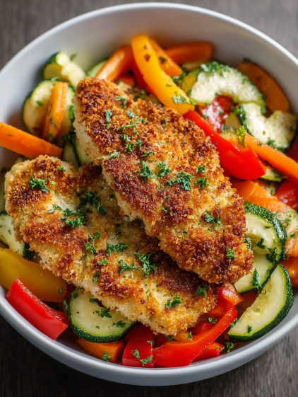 A bowl of breaded chicken with vegetables.
