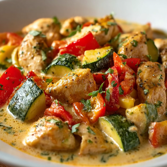 A bowl of creamy chicken with peppers and zucchini.