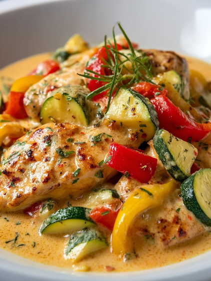 A delicious meal of chicken with peppers and zucchini.
