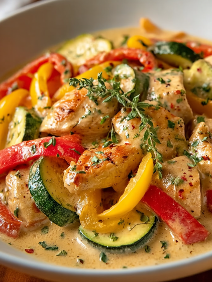 A creamy chicken dish with peppers and zucchini.