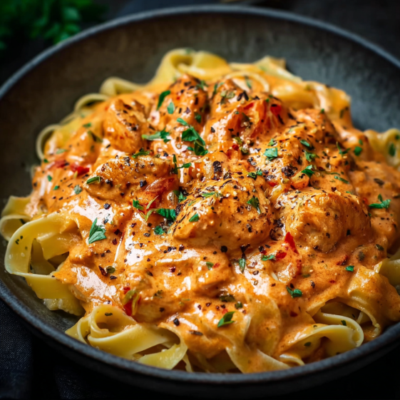 A bowl of creamy paprika chicken with tagliatelle.