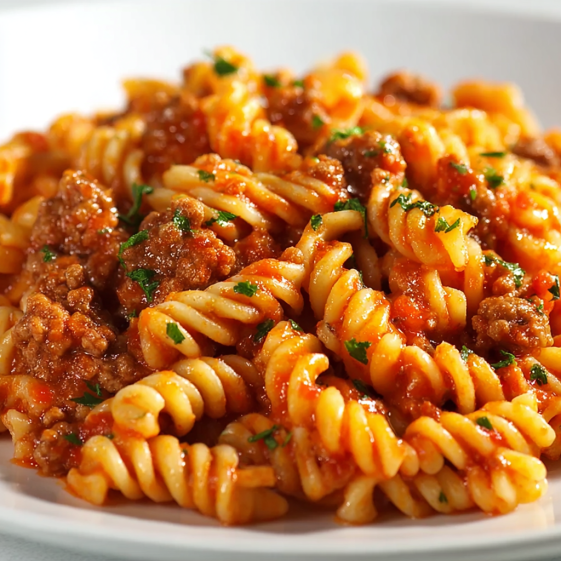 A plate of pasta with meat and tomato sauce.