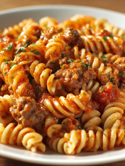 A plate of pasta with meat and tomato sauce.