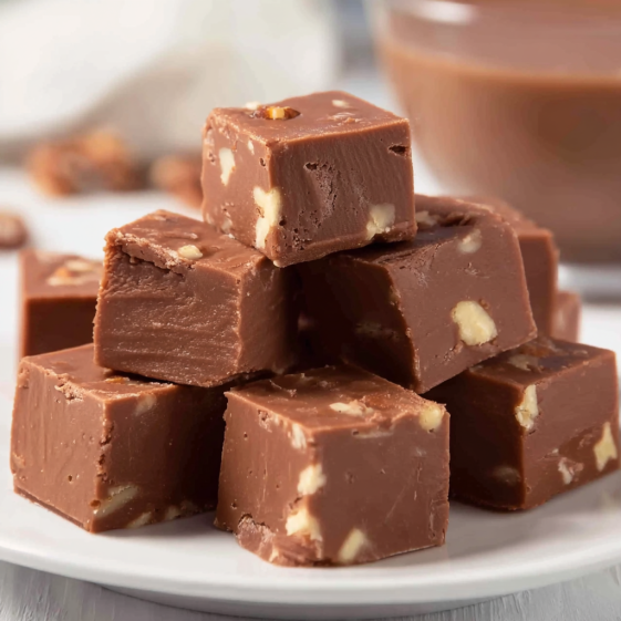 A stack of chocolate squares with nuts on top.