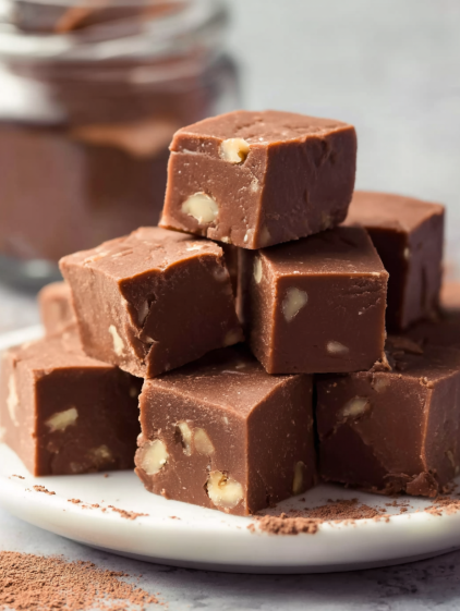 A stack of chocolate squares with nuts on top.