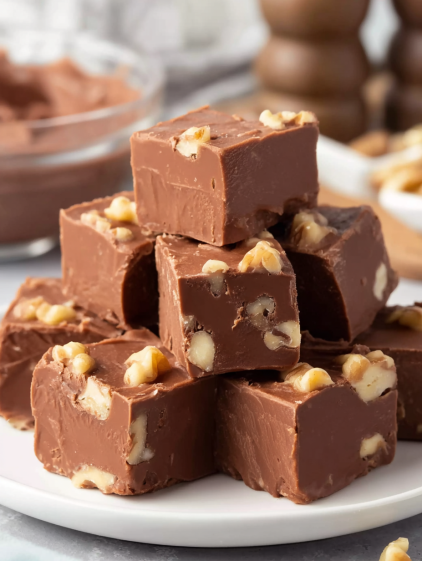 A stack of chocolate squares with nuts on top.