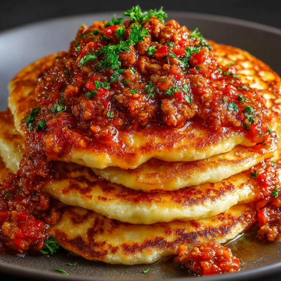 Chicken pancakes with bolognese sauce on a plate.