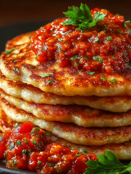 A stack of chicken pancakes with bolognese sauce.