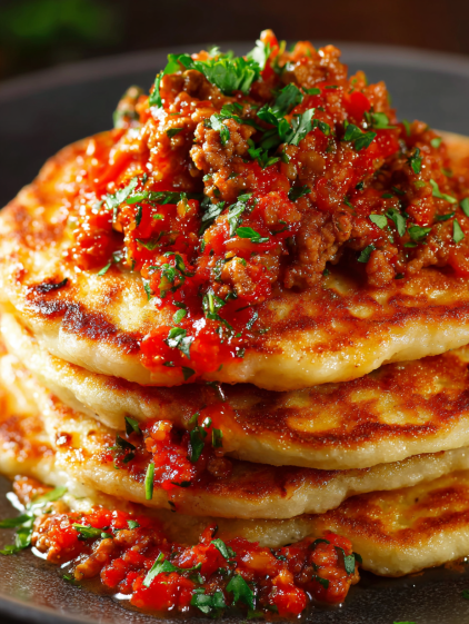 Chicken pancakes with bolognese sauce.